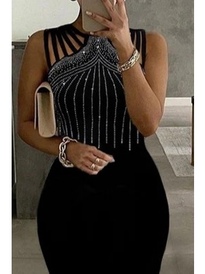 Zenvia Kadın Omuz Çoklu Askılı Önü Taş Işlemeli Balık Kesim Janjan Krep Maxi Boy Elbise