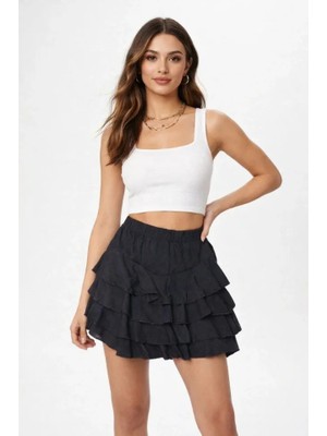 Zenvia Siyah Katlı Mini Fırfıtlı Etek Lastikli Yüksel Bel, Volanlı Tasarım, Rahat Kalıp, Günlük V