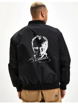 Zenvia Unisex Uzun Kol Baskılı Bomber Ceket - Siyah