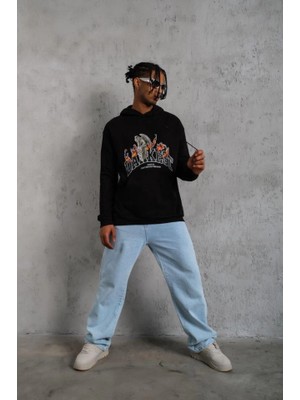 Zenvia Erkek Oversize Kapüşonlu Sweatshirt – Siyah Renk Üç Iplik Içi Pamuklu Kanguru Cepli Baskıl
