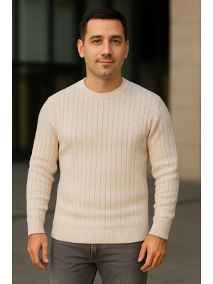 Zenvia Erkek Bisiklet Yuvarlak Yaka Triko Kazak Pamuklu Kalın Fitilli Dokuma, Regular Fit Uzun Kollu Kış