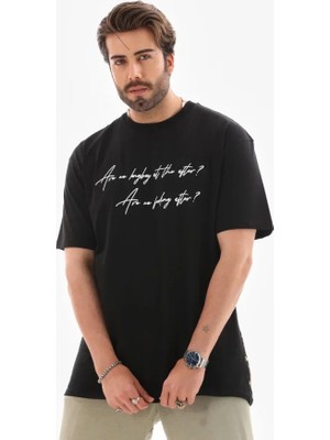 Zenvia Unisex Bisiklet Yaka Baskılı Oversize T-Shirt - Siyah