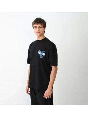 Zenvia Unisex Bisiklet Yaka Baskılı Oversize T-Shirt - Siyah