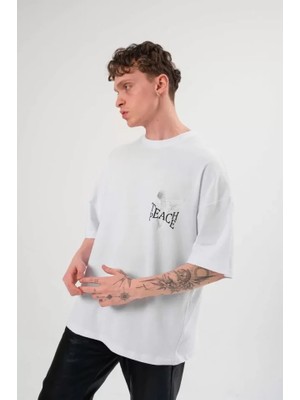 Zenvia Unisex Bisiklet Yaka Baskılı Oversize T-Shirt - Beyaz