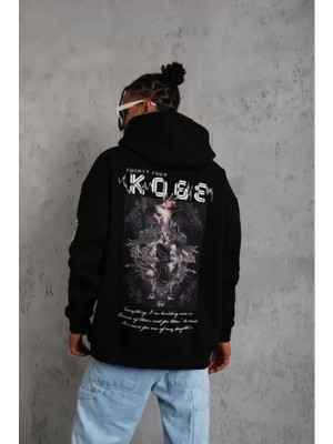 Zenvia Unisex Sırt Baskılı Kapüşonlu Üç Iplik Oversize Sweatshirt - Siyah