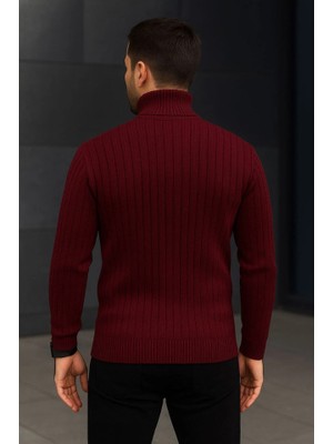 Zenvia Erkek Fitilli Triko Kazak 2li Set Bordo Siyah Regular Balıkcı Yaka Tam Boğazlı Triko Seti Modeli