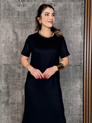 Zenvia Kadın Kısa Kollu Bisiklet Yaka Yırtmaçlı Viskon Iki Iplik Elbise