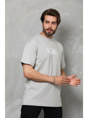 Zenvia Unisex Bisiklet Yaka Baskılı Oversize T-Shirt - Gri