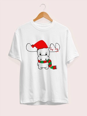 Zenvia Ren Geyiği Baskılı Noel Için T-Shirt - Beyaz