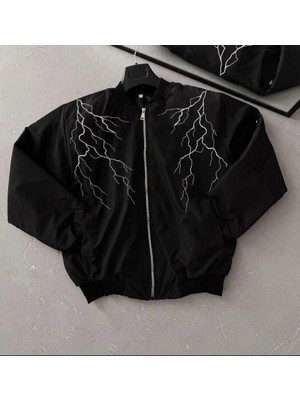 Zenvia Yıldırım Baskılı Uzun Kol Bomber Ceket - Siyah