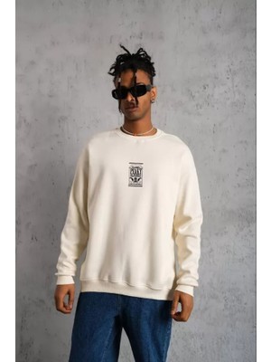 Zenvia Unisex Bisiklet Yaka Baskılı Oversize Sweatshirt - Beyaz
