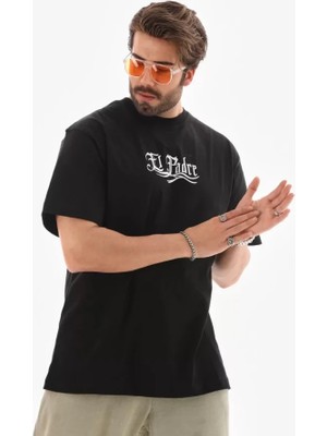 Zenvia Unisex Bisiklet Yaka Baskılı Oversize T-Shirt - Siyah