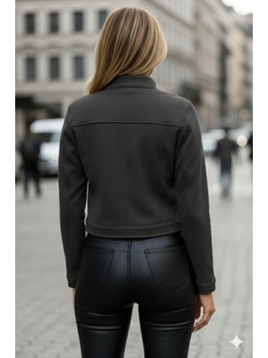 Zenvia Kadın Uzun Kollu Yakadan ve Önden Düğmeli Süet Kısa Ceket