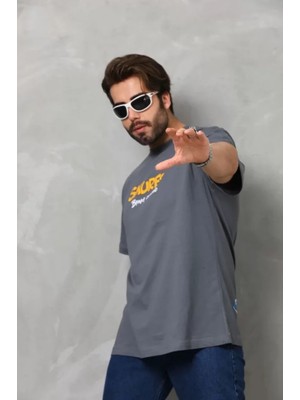 Zenvia Unisex Basic Bisiklet Yaka Oversize T-Shirt - Füme