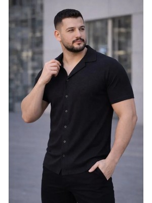 Zenvia Erkek Waffle Kumaş Kısa Kollu Düğmeli Açık Yaka Regular Fit Gömlek - Siyah