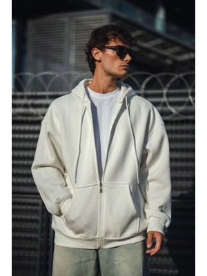 Zenvia Oversize Tam Fermuarlı Uzun Kol Hırka - Beyaz
