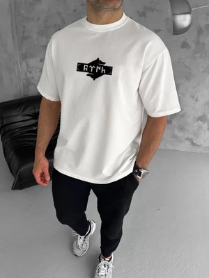 Zenvia Unisex Bisiklet Yaka Baskılı Double Oversize T-Shirt - Beyaz