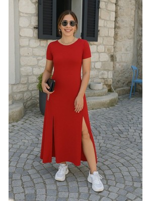 Zenvia Kadın Kısa Kollu Sırt Dekolteli Yırtmaç Detaylı Viskon Elbise