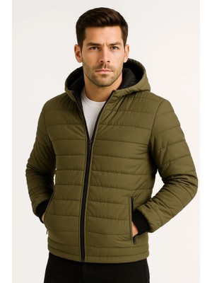 Zenvia Erkek Şişme Kapüşonlu Fermuarlı Mont Su Itici Kapitone Astarlı Kumaş Cepli Kışlık Rahat Ka