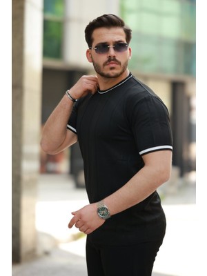 Zenvia Erkek Bisiklet Yaka Çizgi Desenli Ribanalı Kısa Kollu Tshirt