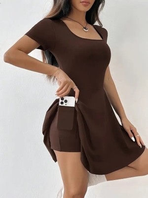 Zenvia Kadın Kısa Kollu Kare Yaka Short Detaylı Cepli Dalgıç Elbise