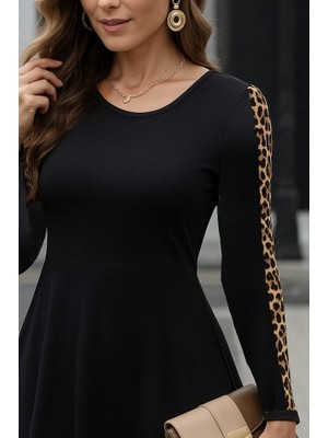 Zenvia Kadın Uzun Kollu Bisiklet Yaka Kollar Leopar Detay Iki Iplik Mini Boy Elbise