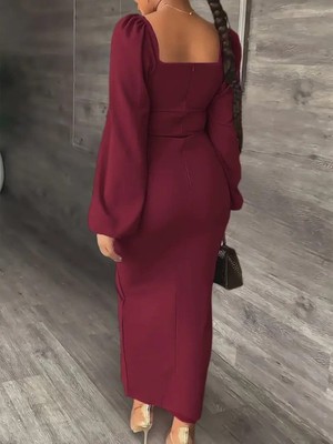 Zenvia Kadın Uzun Kollu Geometrik Yakalı Yandan Yırtmaçlı Uzun Janjan Krep Elbise