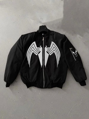 Zenvia Tam Fermuarlı Uzun Kol Baskılı Bomber Ceket - Siyah