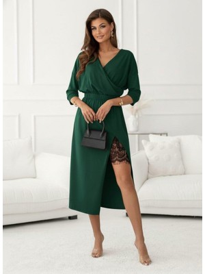 Zenvia Kadın Uzun Kollu Kruvaze Yakalı Yandan Dantelli Midi Ithal Krep Elbise