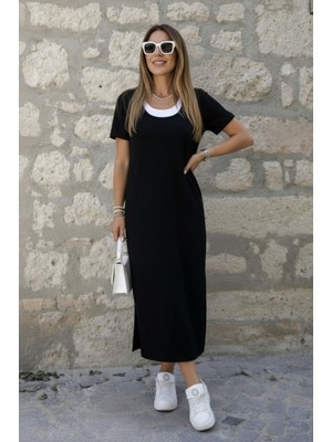 Zenvia Kadın Kısa Kollu Içi Atlet Görünümlü Yandan Yırtmaçlı Uzun Viskon Elbise