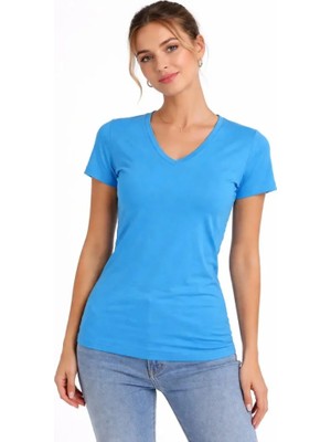 Zenvia 2li V Yaka Tişört – Kısa Kollu Yazlık Slim Fit Body - Nar Çiçeği - Açık Mavi