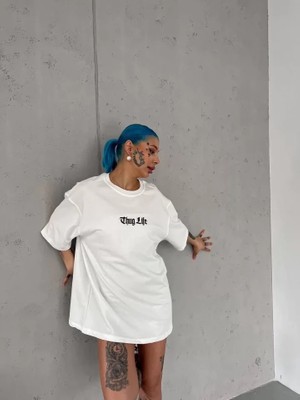 Zenvia Unisex Bisiklet Yaka Baskılı Oversize T-Shirt - Beyaz