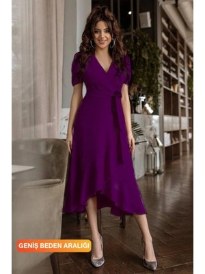 Zenvia Kadın Kruvaze Yaka Midi Boy Kuşaklı Krep Elbise 120 cm