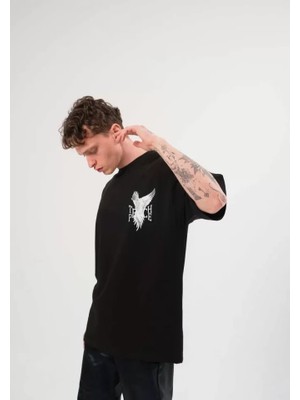 Zenvia Unisex Bisiklet Yaka Baskılı Oversize T-Shirt - Siyah