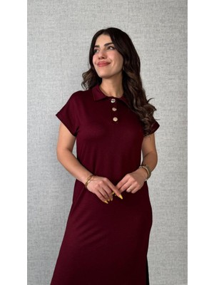 Zenvia Kadın Kısa Kollu Yakalı Yandan Yırtmaçlı Viskon Iki Iplik Elbise