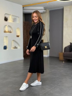Zenvia Kadın Uzun Kollu Bisiklet Yaka Midi Modal Elbise