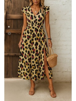 Zenvia Kadın Kısa Kollu V Yakalı Desenli Yandan Yırtmaçlı Süprem Elbise