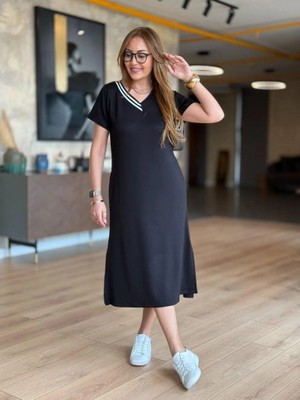 Zenvia Kadın Kısa Kollu V Ribana Yakalı Yırtmaçlı Midi Viskon Iki Iplik Elbise