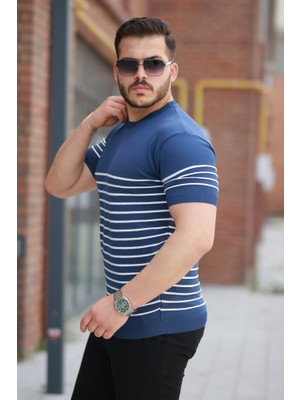 Zenvia Erkek Çizgi Desenli Bisiklet Yaka Kısa Kollu T-Sihrt