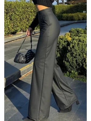 Zenvia Kadın Yüksek Bel Cepli Şardonlu Geniş Paçalı Mat Deri Pantolon