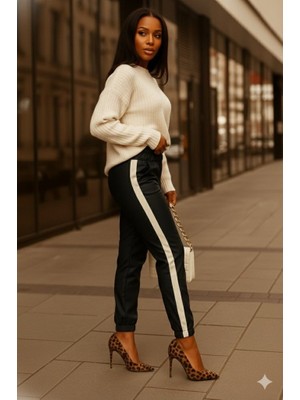Zenvia Kadın Yüksek Bel Lastikli Yan Şerit Detaylı Deri Pantolon