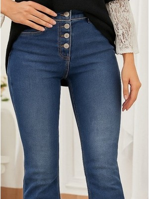 Zenvia Kadın Yüksek Bel Önden Düğmeli Cep Detay Ispanyol Paça Denim Pantolon