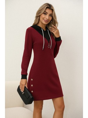Zenvia Kadın Uzun Kollu Kapşonlu Önden Fermuarlı Düğmeli Mini Iki Iplik Elbise