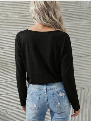 Zenvia Kadın Uzun Kollu Geniş Yuvarlak Yaka Dantelli Viskon Iki Iplik Bluz