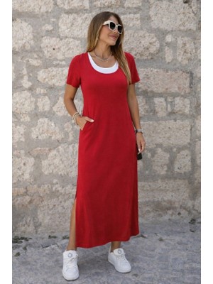 Zenvia Kadın Kısa Kollu Içi Atlet Görünümlü Yandan Yırtmaçlı Uzun Viskon Elbise