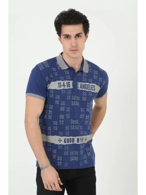 Zenvia Erkek Yakalı Slim Fit Baskılı T-Shirt - Mavi