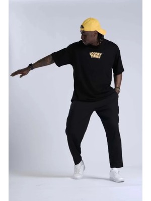 Zenvia Unisex Bisiklet Yaka Baskılı Oversize T-Shirt - Siyah