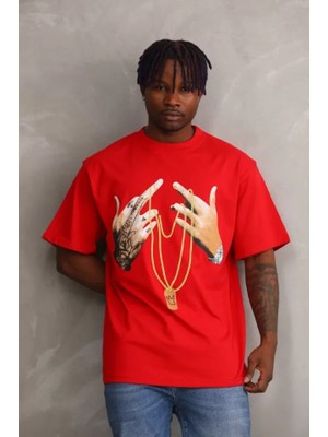 Zenvia Unisex Baskılı Oversize T-Shirt - Kırmızı