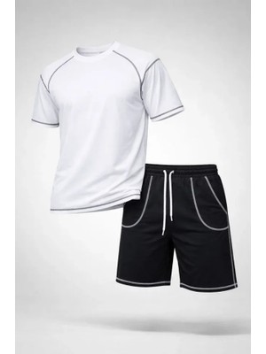 Zenvia Erkek Spor Tişört Şort Takım Kontrast Dikiş Detaylı Ovarsize Rahat Kalıp - Beyaz