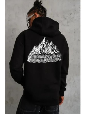 Zenvia Erkek Nihilist Penguen Temalı Oversize Kapüşonlu Sweatshirt - Siyah